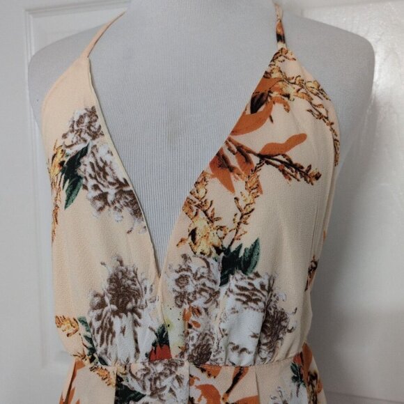 Simplee Floral Halter Maxi Dress Womens Size Medium Orange V Neck Open Back NEW - Picture 3 of 11